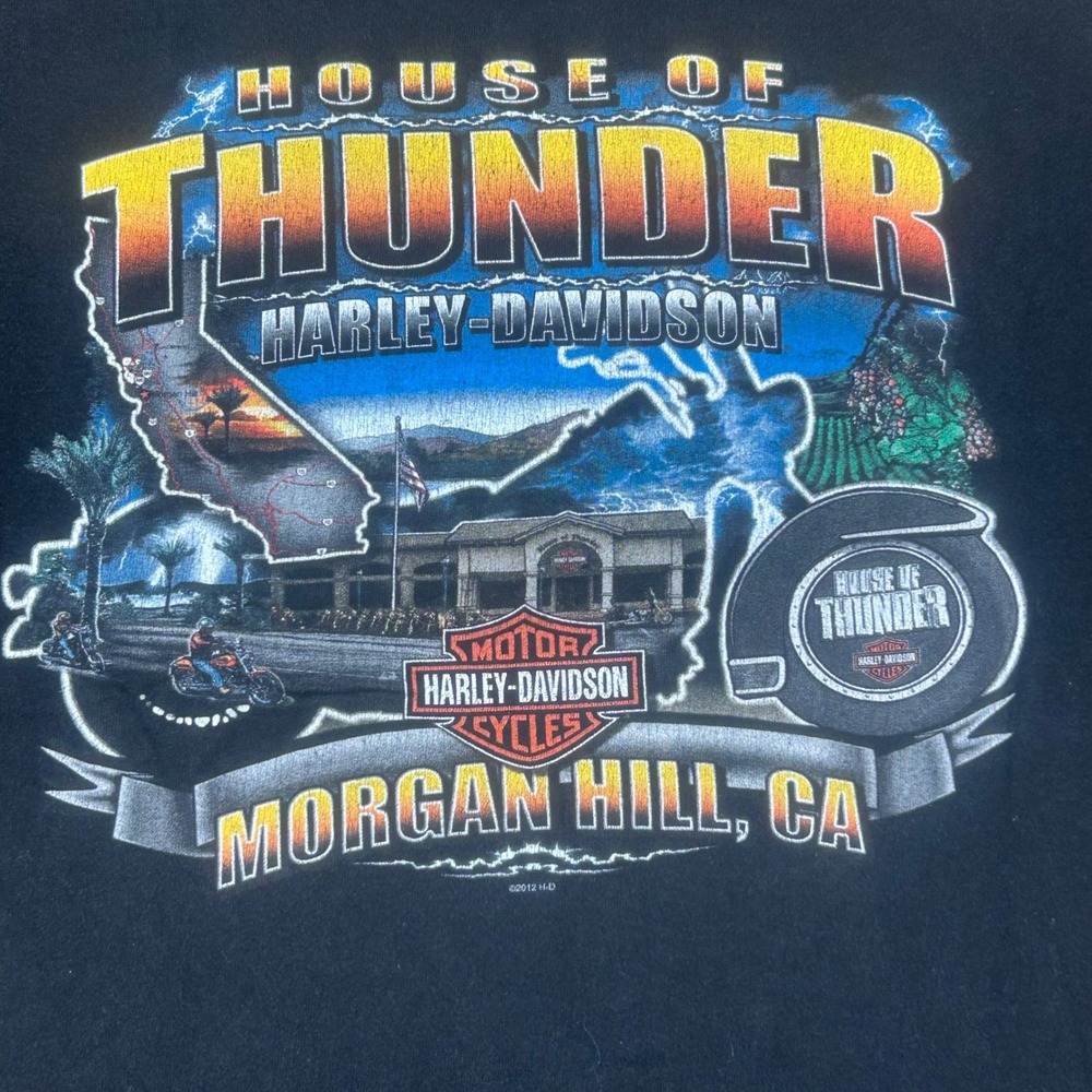 Harley Davidson House of Thunder Morgan Hill CA T-Shirt Mens M Black‎ 2012 Skull - Picture 2 of 10